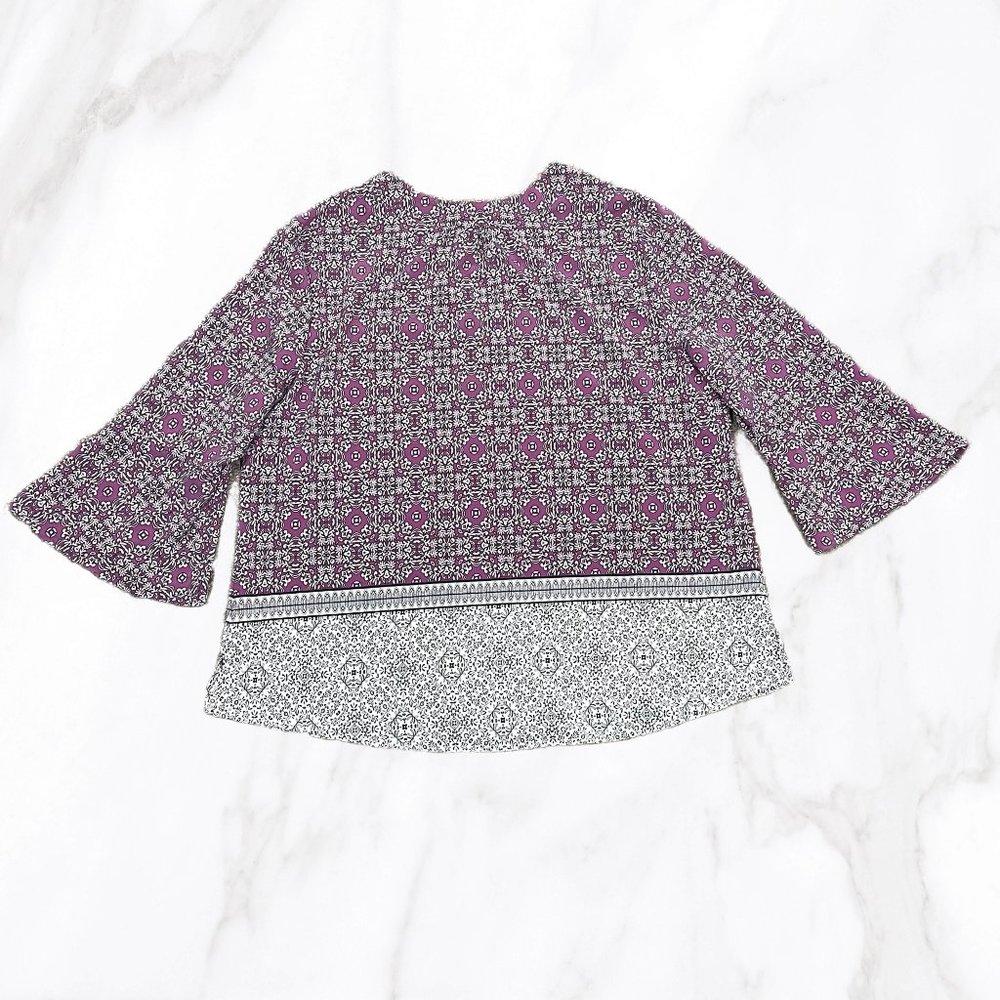 Dana Buchman Women's Purple Print Trumpet Sleeve V-Neck Blouse, Size L‎ - Picture 2 of 6